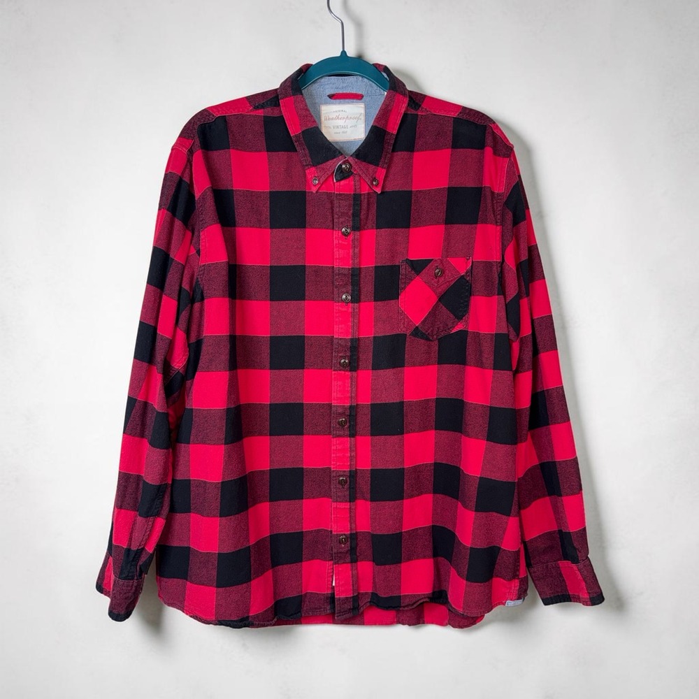 Weatherproof Vintage Flannel Shirt Mens XXL Red Black Buffalo Plaid Button Down